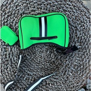 Green with black striping , shoulder bag with detachable  pouch